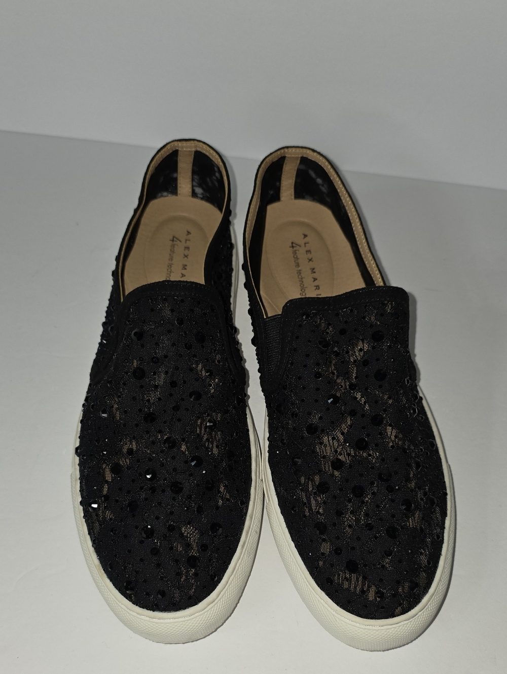 Alex Marie Black Lace Slip-On Sneakers with Rhinestone Accents Sz 9.5